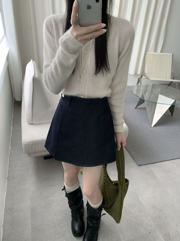 复古深蓝色裙裤女开叉设计感高腰休闲复古秋季牛仔短裙a字半身裙|undefined