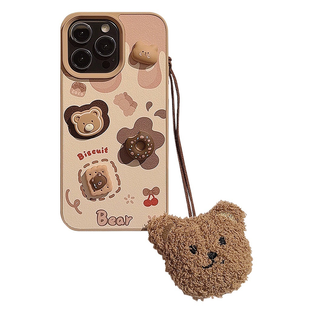 Funda de Teléfono 3D con Diseño de Oso de Galleta para iPhone 16, 17 Pro Max, 13, Compatible con iPhone 15, con Cordón Bonito, 12, Rígida