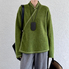 新中式女装橄榄绿毛衣斜襟盘扣唐装汉服上衣25秋季超好看国风小衫