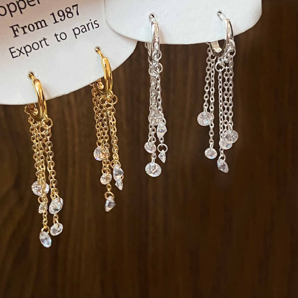 Internet Celebrity Same Style Tassel Chain Zircon Pendant Ear Buckle Copper Plated Real Gold High-end Light Luxury Niche Shining Earrings for Women