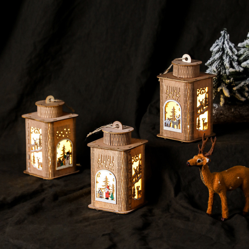 Wooden Christmas House with Lights, Candelabra, Desktop Display Stand, Windproof Lantern, Decorated Christmas Night Lamp