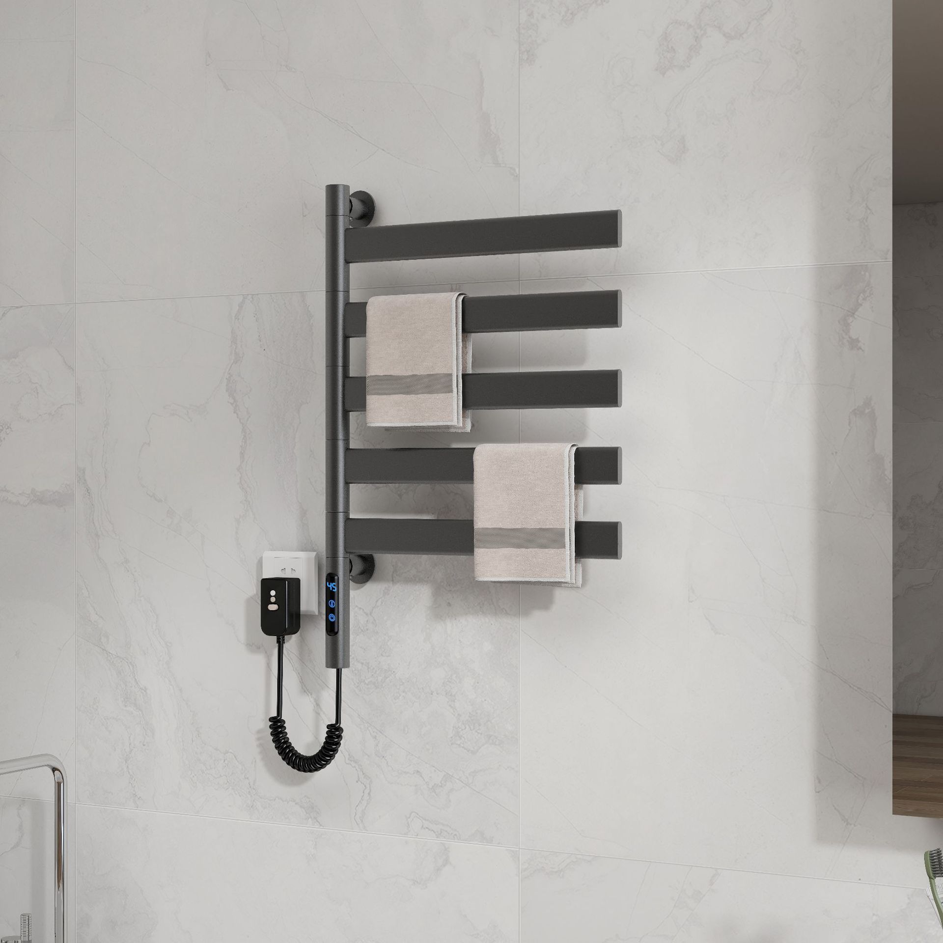 espacio transfronterizo aluminio inteligente toalla de calentamiento eléctrico calefacción de temperatura constante inodoro sin perforación estante giratorio de acero inoxidable