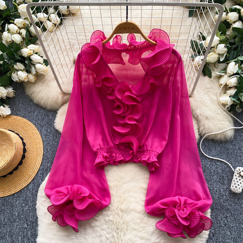 French-style gentle ruffled long-sleeve chiffon blouse for women, summer Korean version, skin-friendly, breathable, stylish, and youthful French-style gentle ruffled long-sleeve chiffon blouse for women, summer Korean version, skin-friendly, breathable, stylish, and youthful