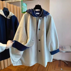韩国撞色拼接连帽风衣女中长款2025春秋新款宽松显瘦高级感上衣潮