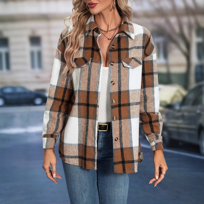 Cross-border coat Amazon European and American autumn and winter plaid off-shoulder coat coat foreign trade women's jacket