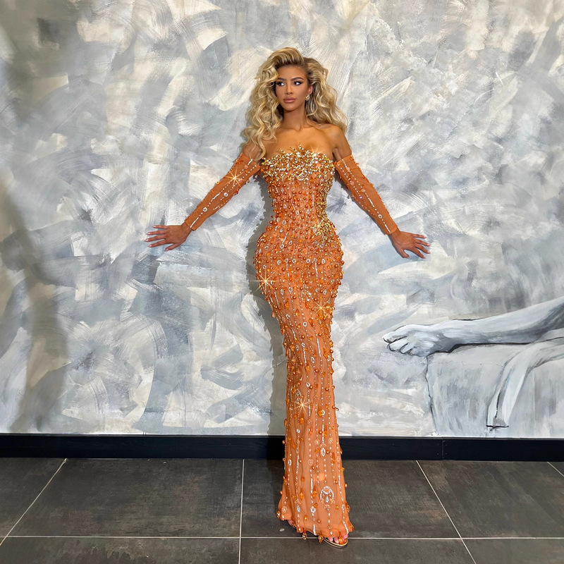 Cross-Border European and American Fashion Strapless Heavy Embellished Rhinestone Pearl Sequin Bodycon Elegant Runway Sexy Evening Gown Dress