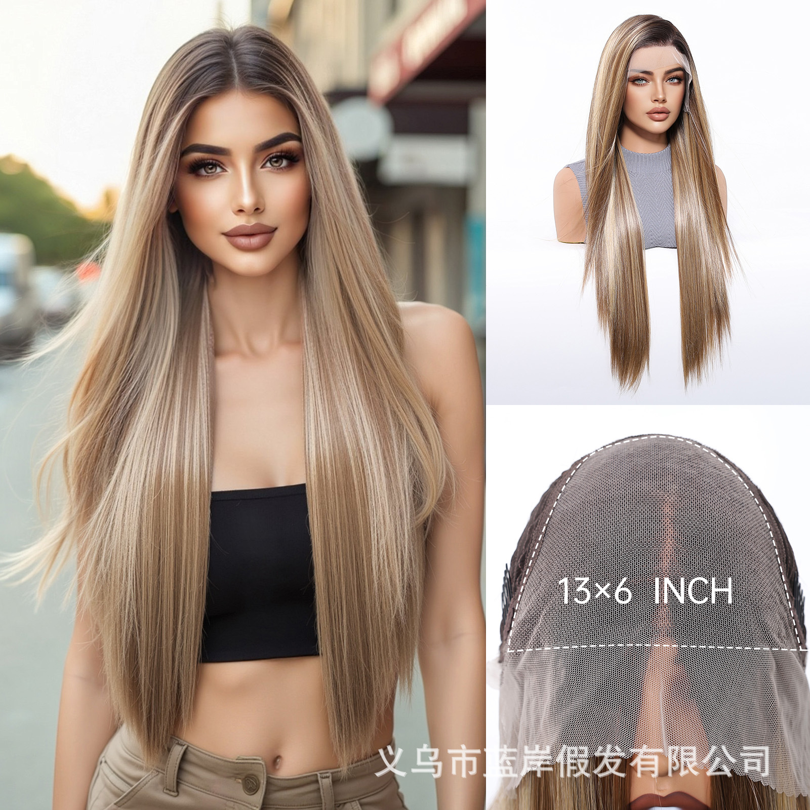 Punto transfronterizo peluca de encaje de gran área cubierta completa estilo europeo y americano costura aleatoria moda cabello largo y liso lace