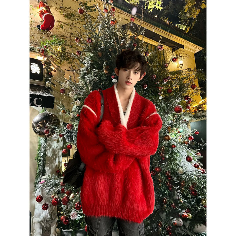 Mauhaired Red Sweater Men's Christmas Wear Gown Knitwear Lazy Style Couple's High-end Winter Coat