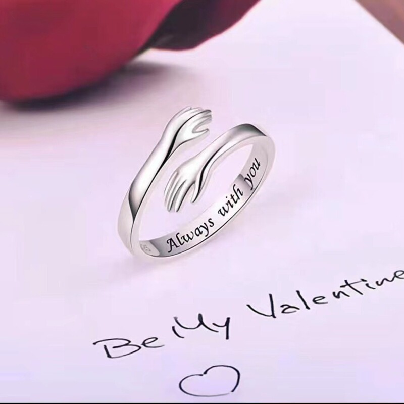 Silver Couple Ring with Embracing Hands, Amazon's Popular European and American Simple and Luxurious Ins Manufacturer Wholesale