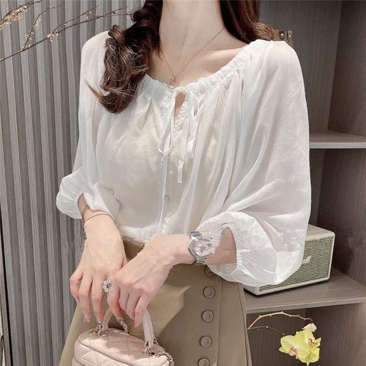 여름 여성을 위한 프렌치 니치 7부 소매 쉬폰 셔츠, 새로운 디자인, 패셔너블한 퍼프 슬리브, 시크 탑