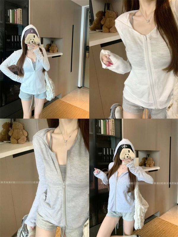 レイジースタイルスポーツスーツ白フード付き日焼け止め長袖ジャケット女性の夏のホットパンツカジュアルパンツショーツ 2 点セット|undefined