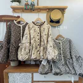 日系文艺复古菱格压棉碎花棉麻棉衣外套女韩版木耳边灯笼袖棉服冬