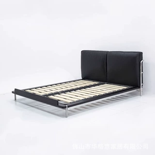 包豪斯风LC3真皮床不锈钢双人床主卧婚床大床 意式极简风黑色皮床