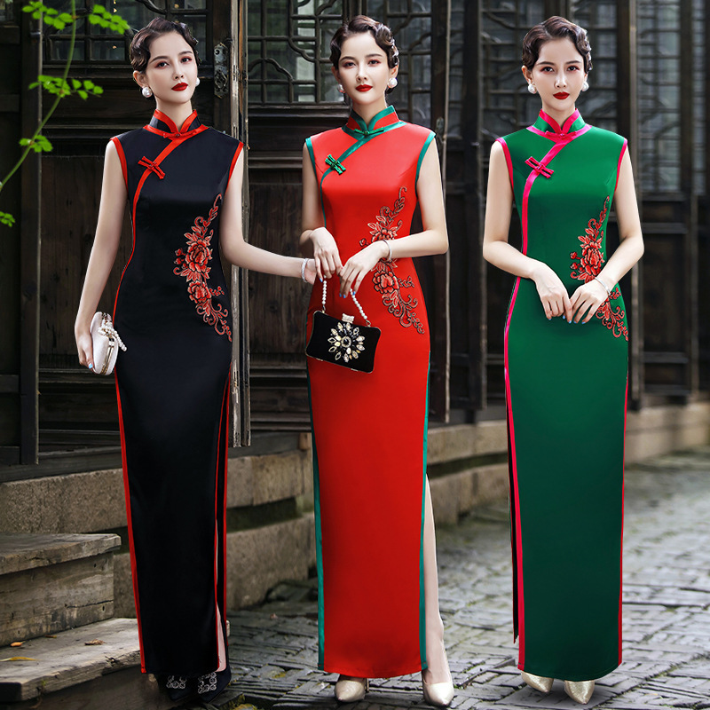 Women Chinese Dresses retro china traditional dark green red black Qipao Cheongsam dresses Catwalk model host singers performance costume party dresses