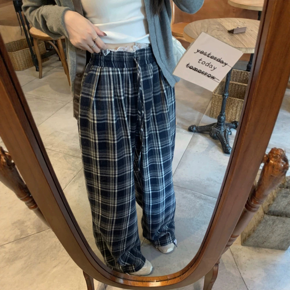 藏青格子阔腿裤女 松紧抽绳蕾丝腰头宽松垂感拖地长裤韩系休闲裤