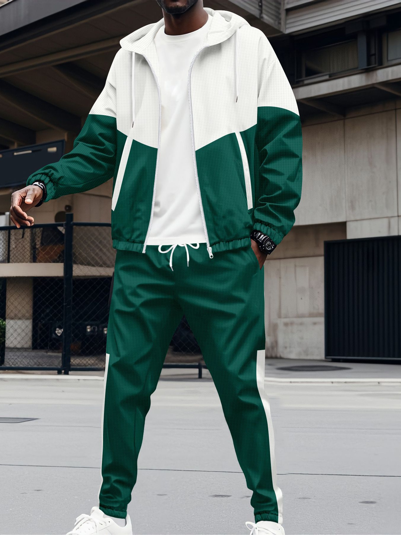 Herren-Trainingsjacke mit Kapuze, Reißverschluss, zwei Taschen, Patchwork-Design, Farbblock-Design, normale Passform, Kurzarm, elegant, aus Polyester_voghion.com