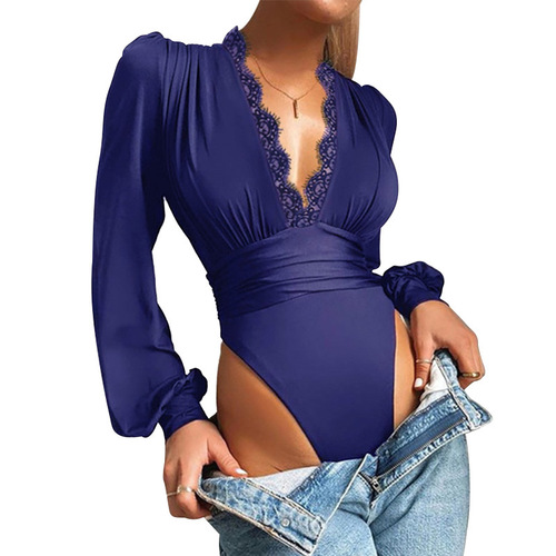 D1255 Autumn Amazon Plain Deep V-Neck Lace Edge Fitted Bodysuit for Women with a Bold and Flirty Style