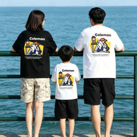 2026海边亲子装夏一家三口日系卡通T恤全家装短袖母子父子装宽松
