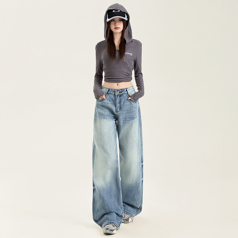 DAIFA 도매 미국 복고풍 향수 블루 워시 청바지 높은 허리 스트레이트 마이크로 와이드 다리 바지