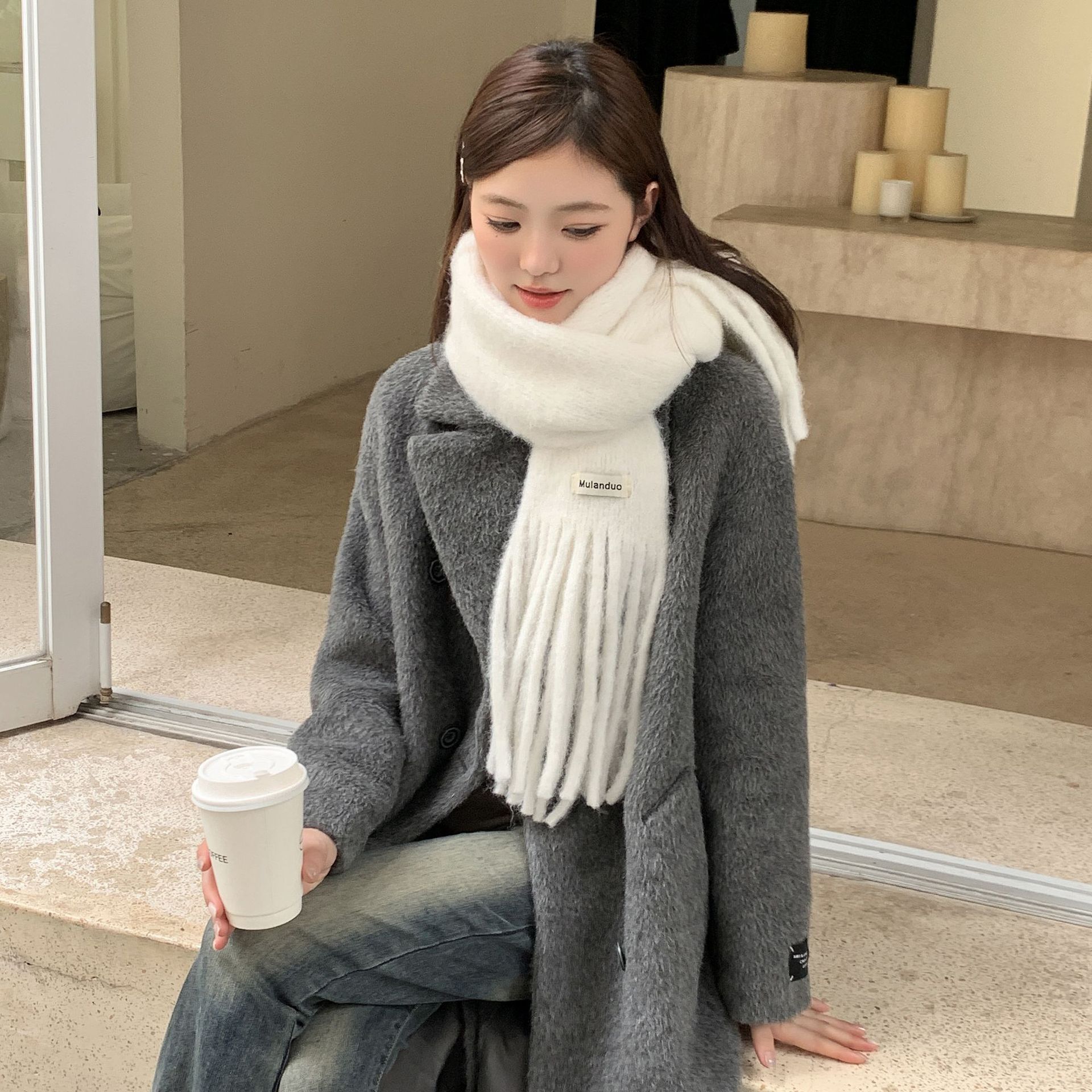 2024 nuevo invierno de alta calidad sensación de color sólido versátil bufandas de lana de cachemira de moda femenina coreana larga bordilla guillot