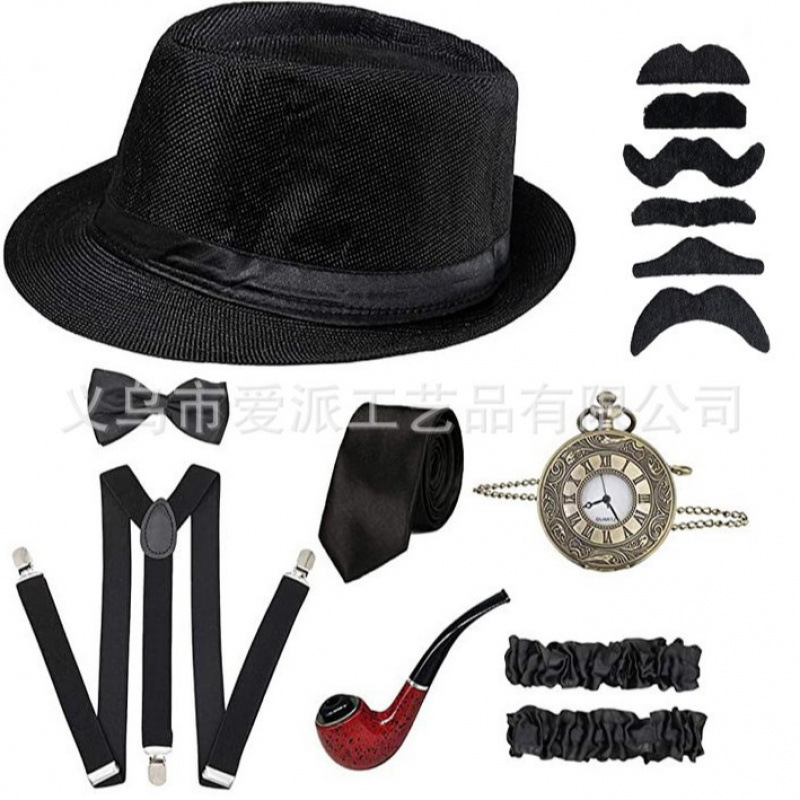 Cross-Border 1920S Men's Prom Party Hat Pipe Pocket Watch Suspender Tie Suit 1920 Hat Suit