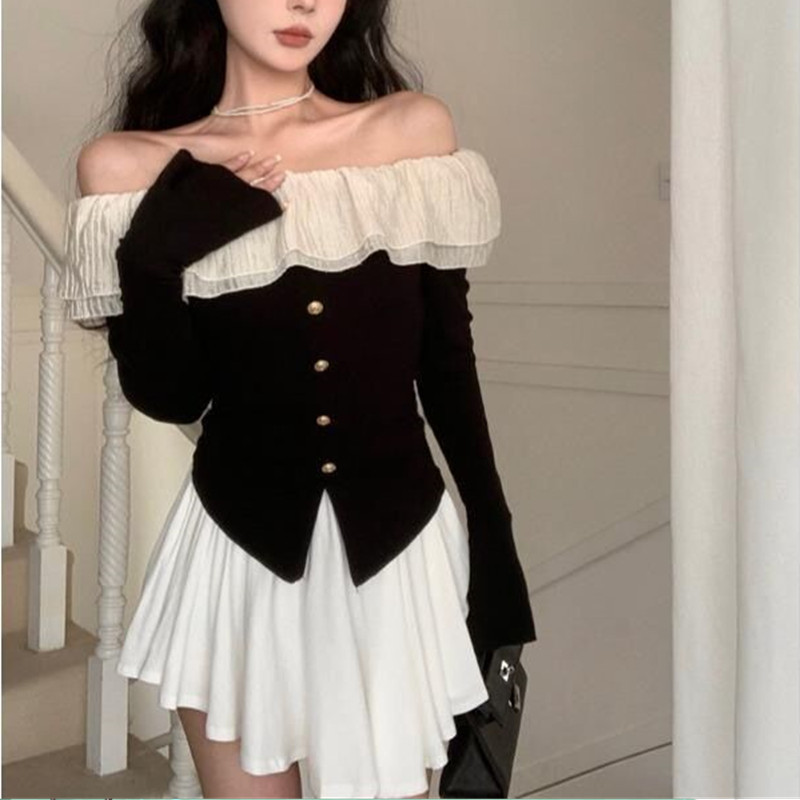 Pure desire French hot girl off-the-shoulder long sleeve top women's autumn 2024 New slim temperament slimming ruffled T-shirt Pure desire French hot girl off-the-shoulder long sleeve top women's autumn 2024 New slim temperament slimming ruffled T-shirt