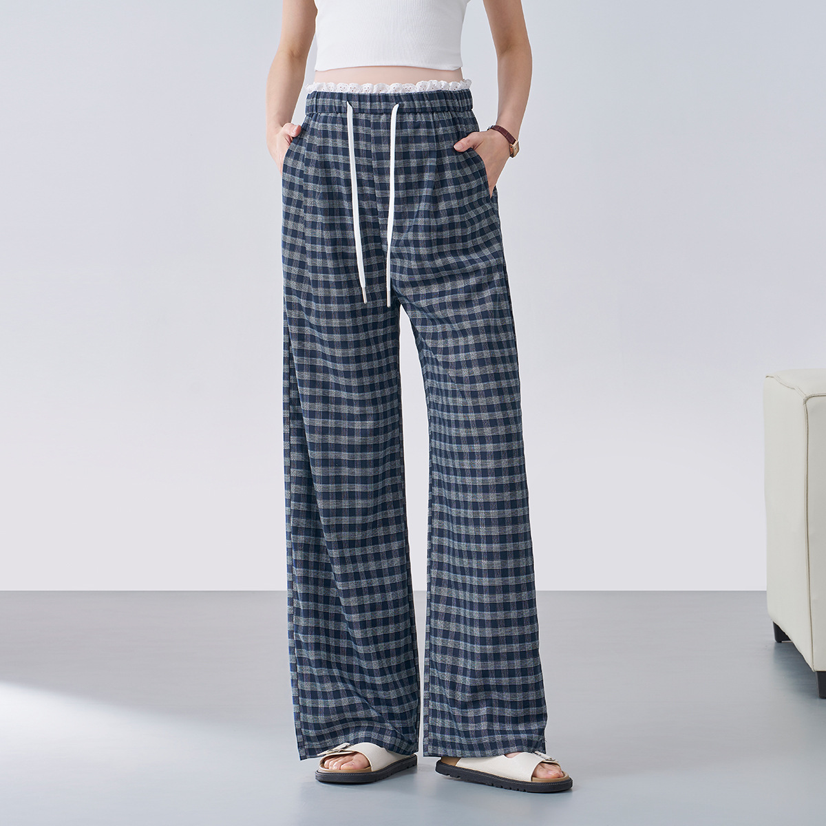 Maternity Pants Summer Thin Style 2026 New Plaid Wide-Leg Pants Without Belly Support for Petite Women Casual Pants Spring and Summer Wear