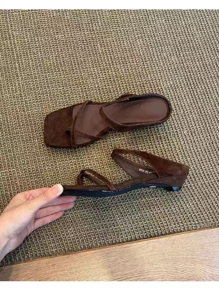 Women's Square Toe Wedge Slip-on Sandals Retro Comfortable Shoes_voghion.com
