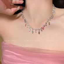 多巴胺彩色方块锆石项链女2025新款叠戴锁骨链小众设计感高级颈链