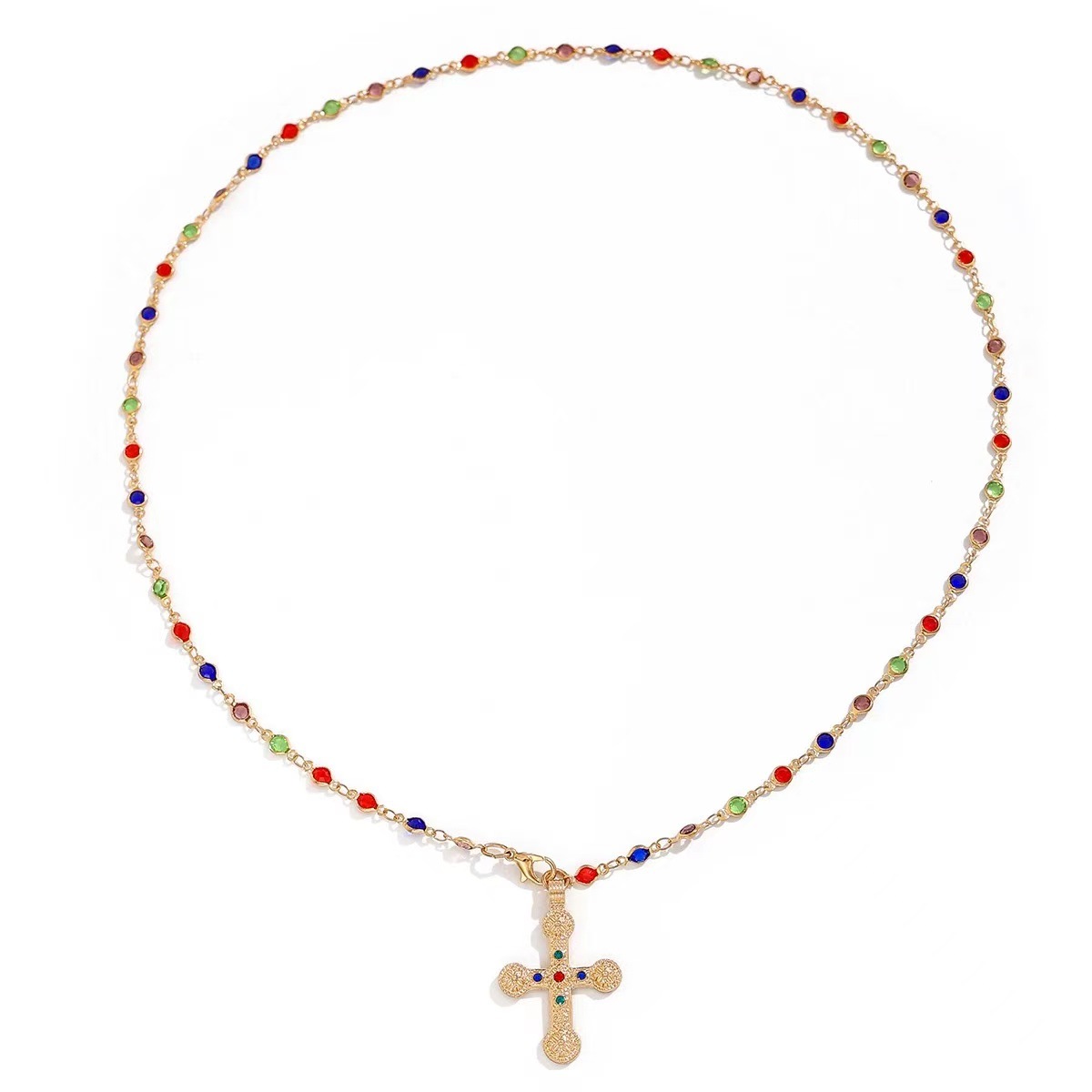European And American Cross-border Colorful Chain Diamond-studded Cross Pendant Long Necklace, Niche Versatile High-end_voghion.com