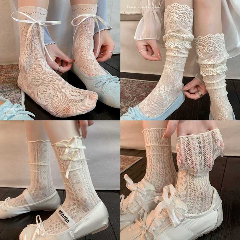 Lace Socks for Women, Summer Milk White Lace Ruffle Socks, Ballet Style Mesh Hollow-Out Mid-Calf Socks Paired with Mary Jane Shoes