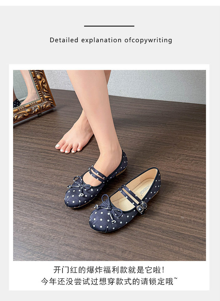 Giày búp bê Mary Jane nữ mũi tròn chất liệu satin chấm bi thắt nơ, đế bằng gót thấp — Màu hồng, Màu trắng, màu đen chi tiết 7