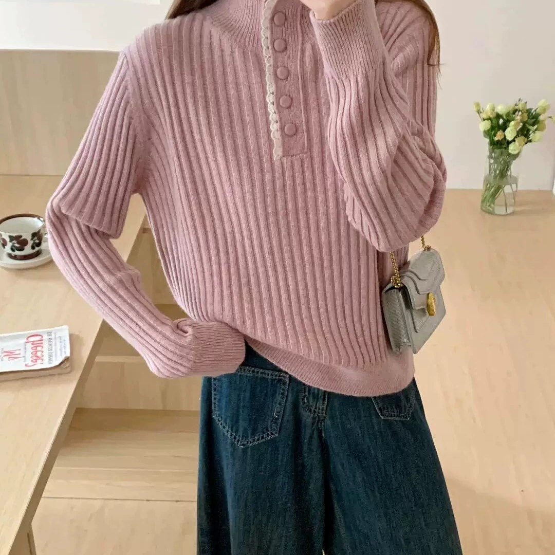 Зимний новый вертикальный кружевной полуоткрытый свитер свитер дикий модный длинный рукав розовый бежевый серый