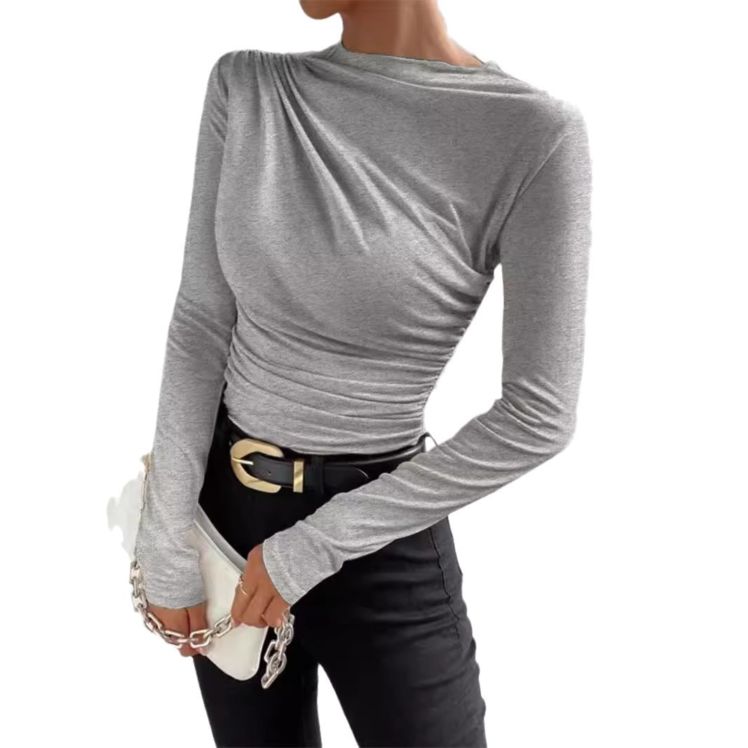 Women's Slim Fit Base Shirt Round Neck Long Sleeve Versatile Pleated Design Solid Color Summer Top_voghion.com