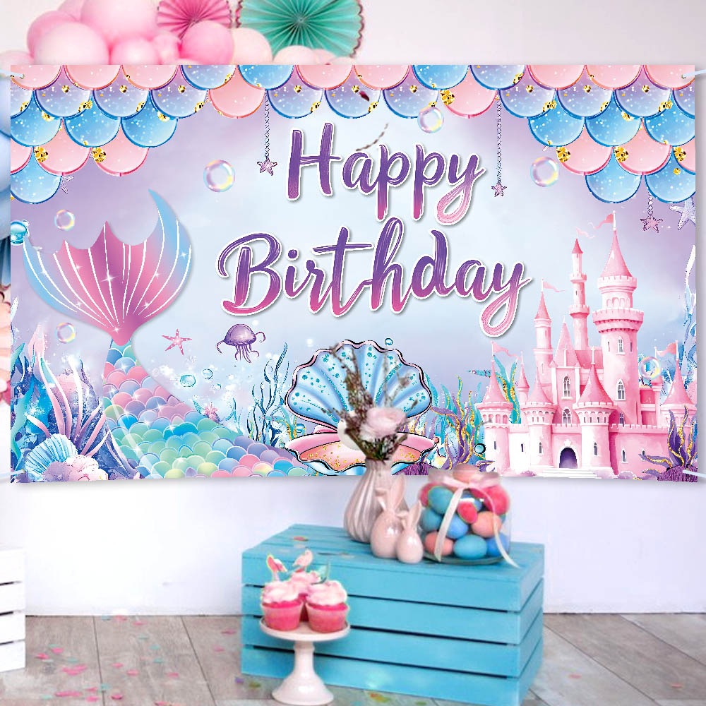 Nuevo tema de sirena tela de fondo de decoración de cumpleaños sirena océano tela de fondo de decoración de fiesta de cumpleaños para niños