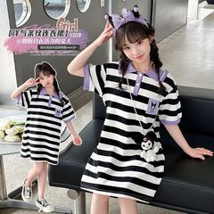 網紅女童夏裝套裝中大童庫洛米卡通條紋休閒百搭翻領公主連衣裙潮