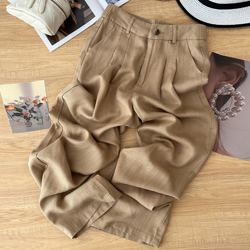 Quần ống rộng vải lanh Tencel cạp cao mỏng mùa hè — Màu đen, Màu hồng, Màu mơ, Kaki chi tiết 2