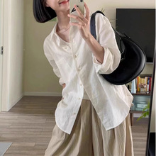 韩系风文艺气质白色棉麻休闲衬衫女夏季薄款慵懒风高级感外搭上衣