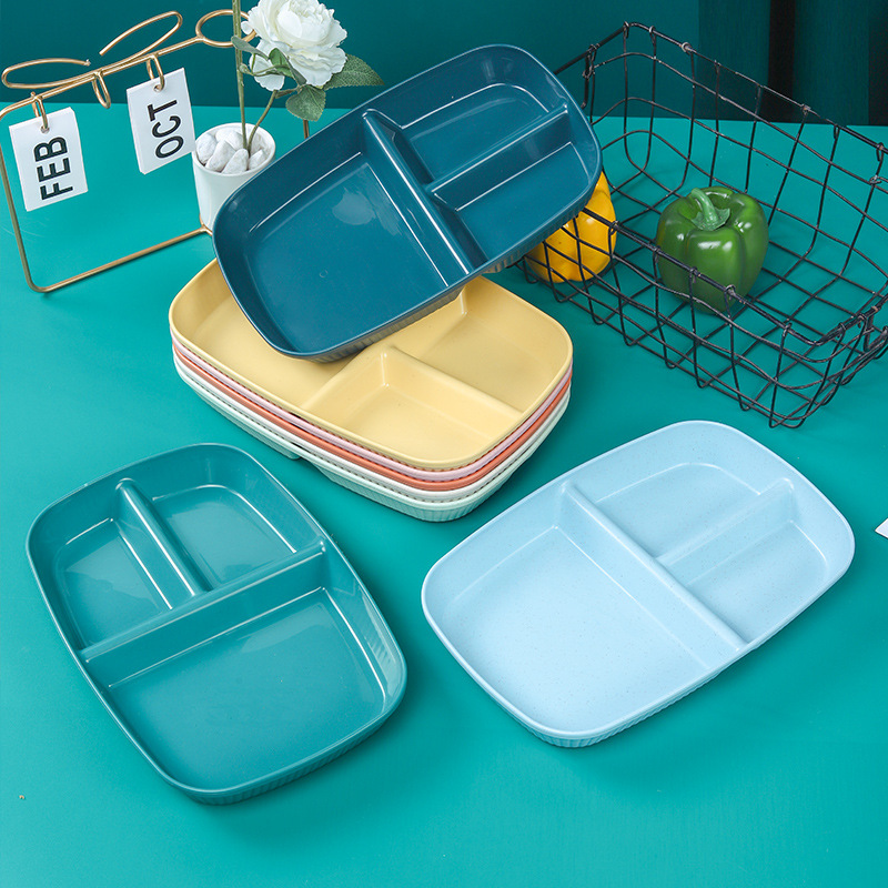 Juego de platos para reducir la ingesta de grasas a base de trigo, plato rectangular doméstico dividido para controlar las porciones y reducir la ingesta de grasas, plato de desayuno con tres compartimentos. image 6