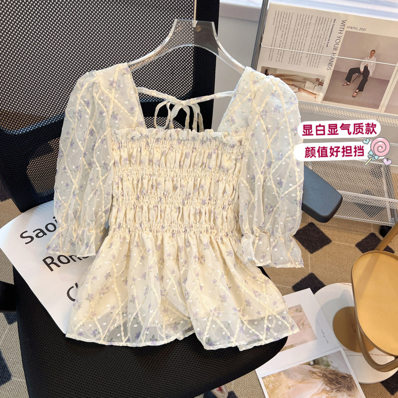 2025 New Summer Style French Sweet Retro Waist Floral Chiffon Shirt Women's Design Short-Sleeved Lace Top