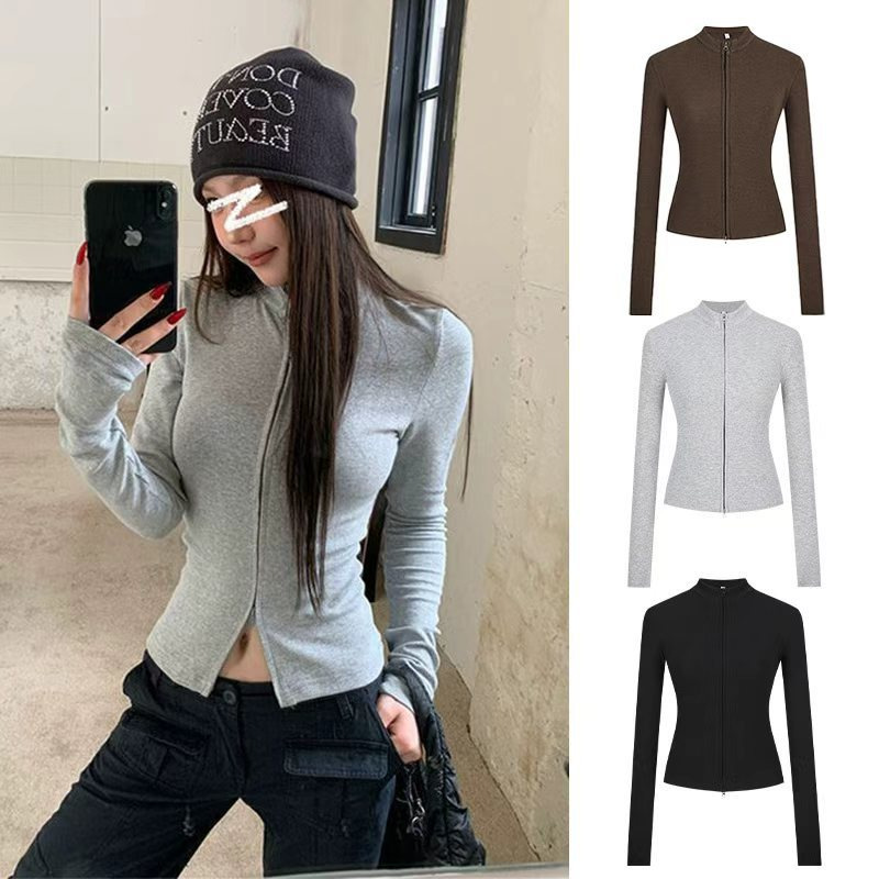 Sexy Hot Girl European and American Retro Double Zipper Thin Long Sleeve Tops Women's Stand Collar Navel Slim Cardigan Top Women's Trendy