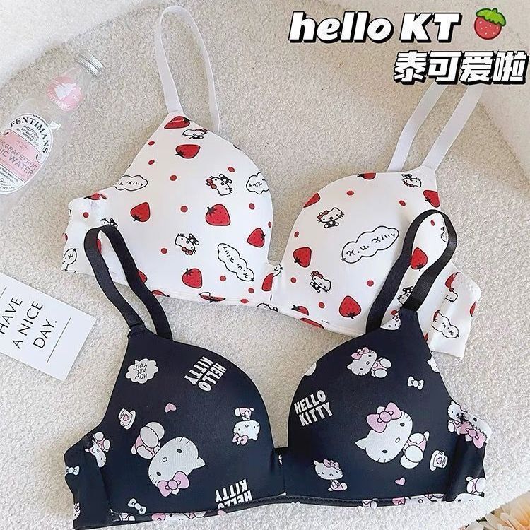 Cute Girly Style Hellokitty Big Breasts Showing Small Tube Top Strapless Small Breasts Push-Up Non-Empty Cup Bra Set