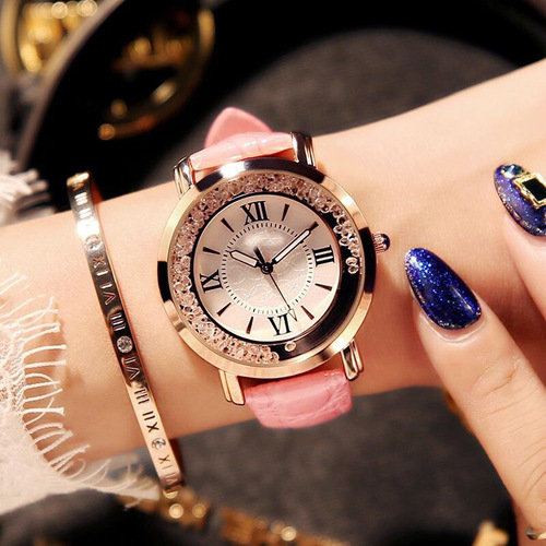 Trendy Lady Watch with Flowing Water Diamond Strap, Fashionable Casual Student Simple Strap Roman Numerals Watch