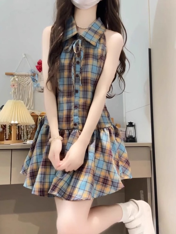 フレンチカレッジスタイルブルーチェック柄ドレス女性のための夏の2025新しい気質ホットガールウエストショートスカートスーツ|undefined