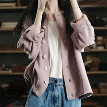 春秋季新款圈圈棉圆领系扣卫衣外套宽松文艺显瘦慵懒风开衫女装