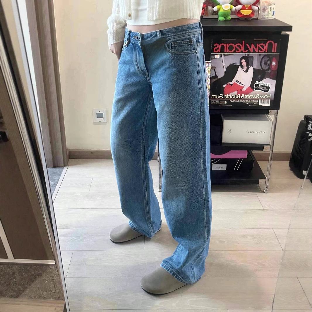 Washed Distressed Mid-Low Waist Jeans for Women New Slimming Look 080L Retro Light Blue Pure Cotton Loose Straight Cow 5010