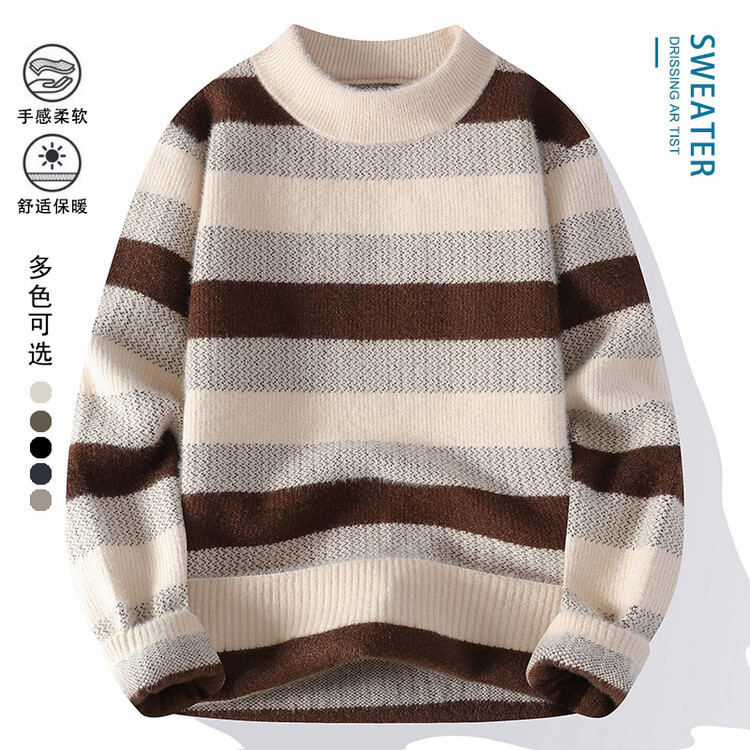 Tendencia masculina de invierno nuevo cuello redondo engrosado jacquard rayas de manga larga suéter de moda masculino camiseta de punto cálida