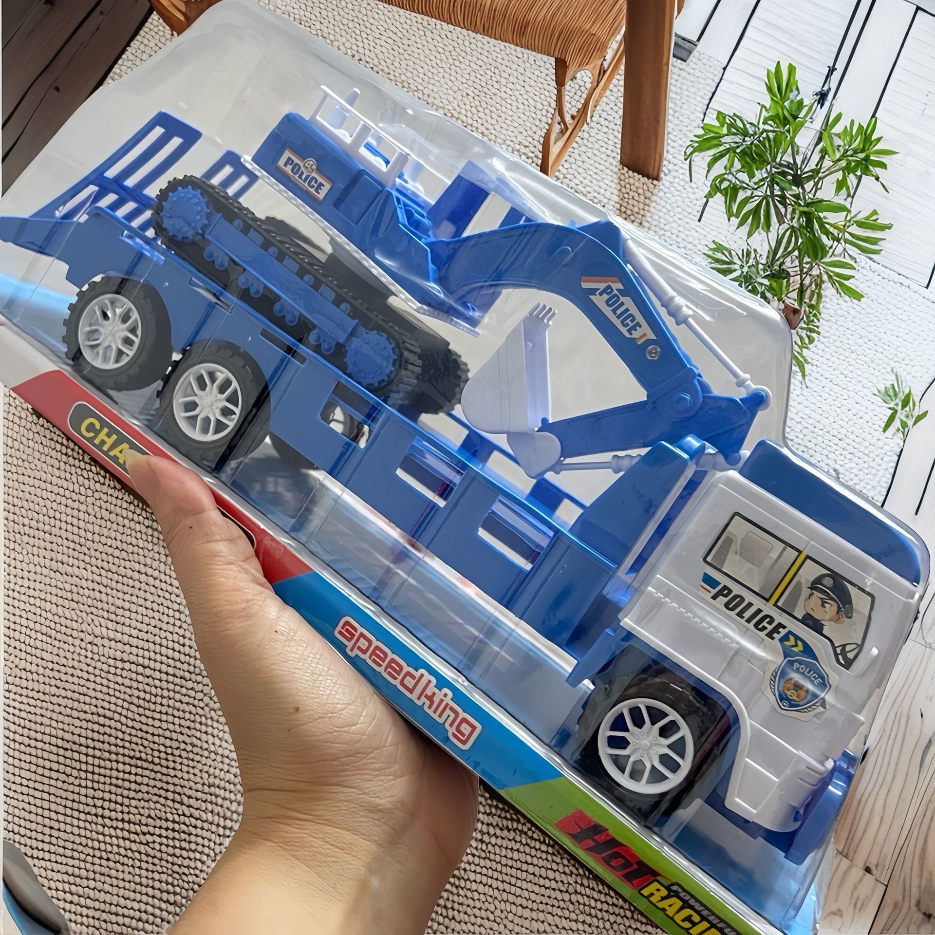 Children's Inertia Flatbed Transport Trailer Sliding Excavator Toy for Kids 33cm Boys' Construction Vehicle