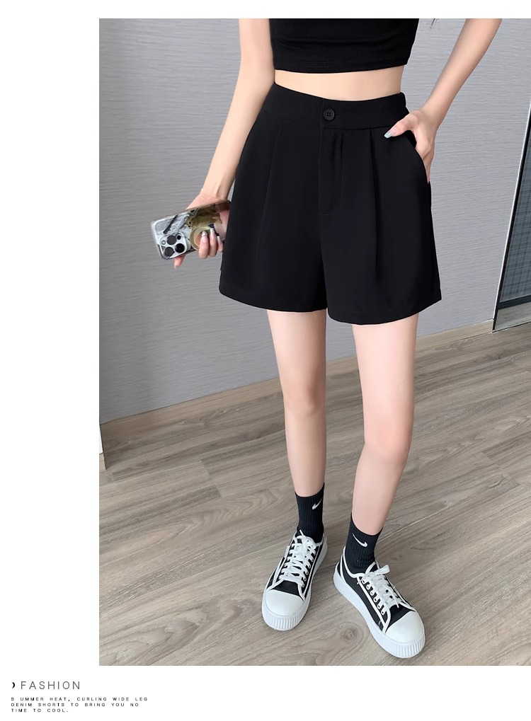 Quần short nữ cạp cao dáng chữ A ống rộng mùa hè — Màu đen (gửi thắt lưng xoắn khóa ngẫu nhiên) chi tiết 23