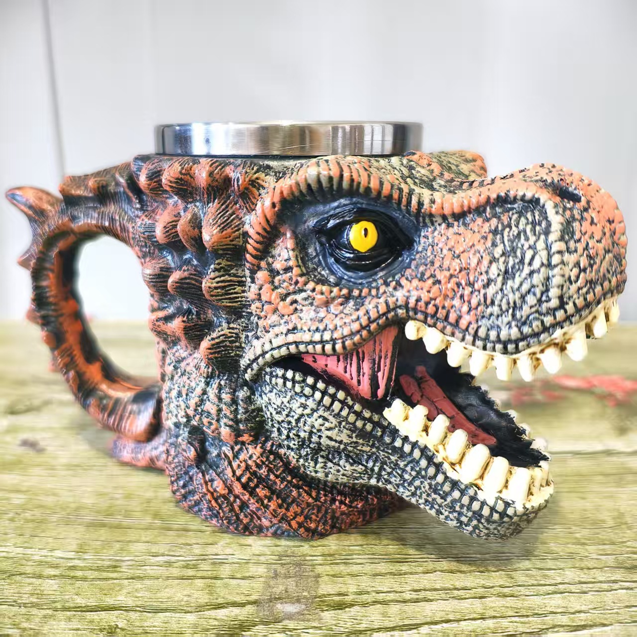 2025 nuevos productos creativos transfronterizos Amazon resina de acero inoxidable retro cabeza de dinosaurio fabricantes de tazas al por mayor